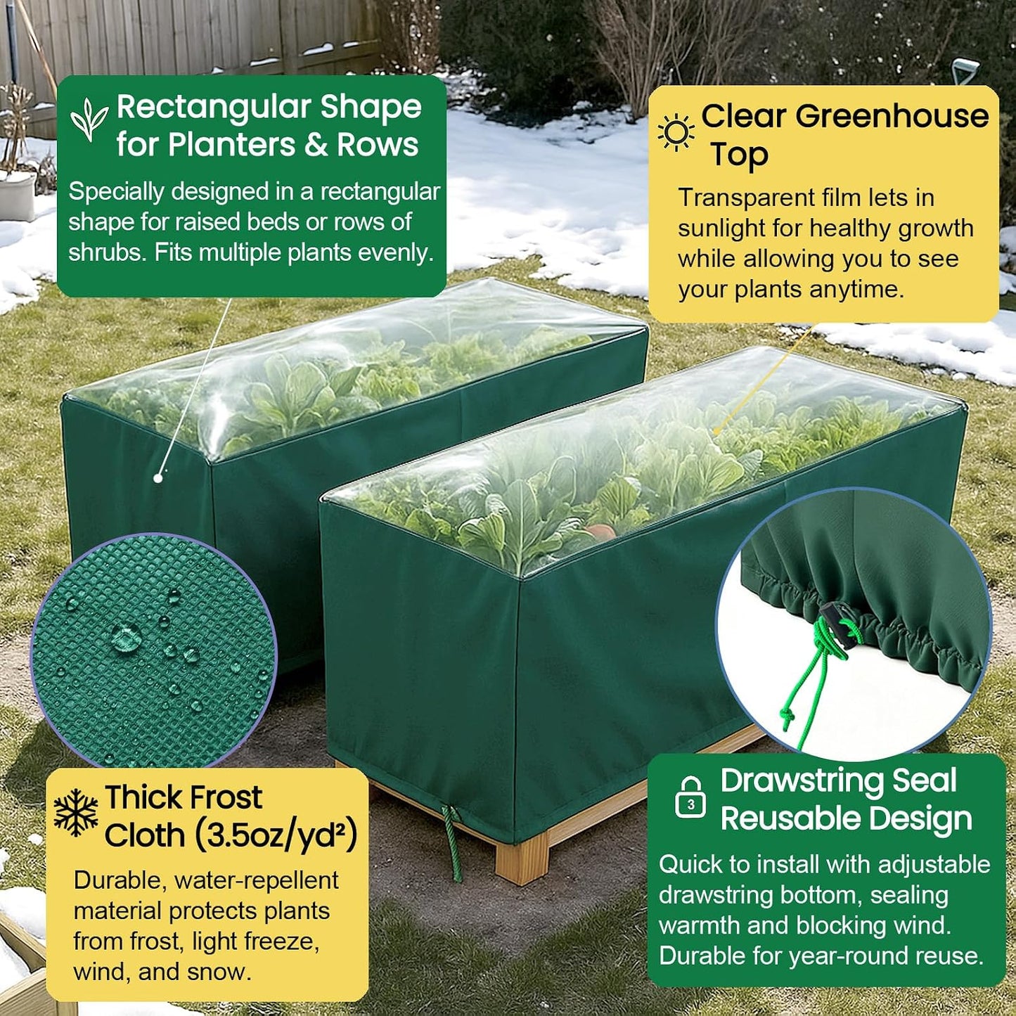 2 Packs L59" x W18" x H30" Winter Plant Cover – Frost & Freeze Protection Jacket with Transparent Top, 3.5oz/yd² Thick Frost Cloth With Drawstring for Outdoor Shrubs, Trees, and Potted Plants