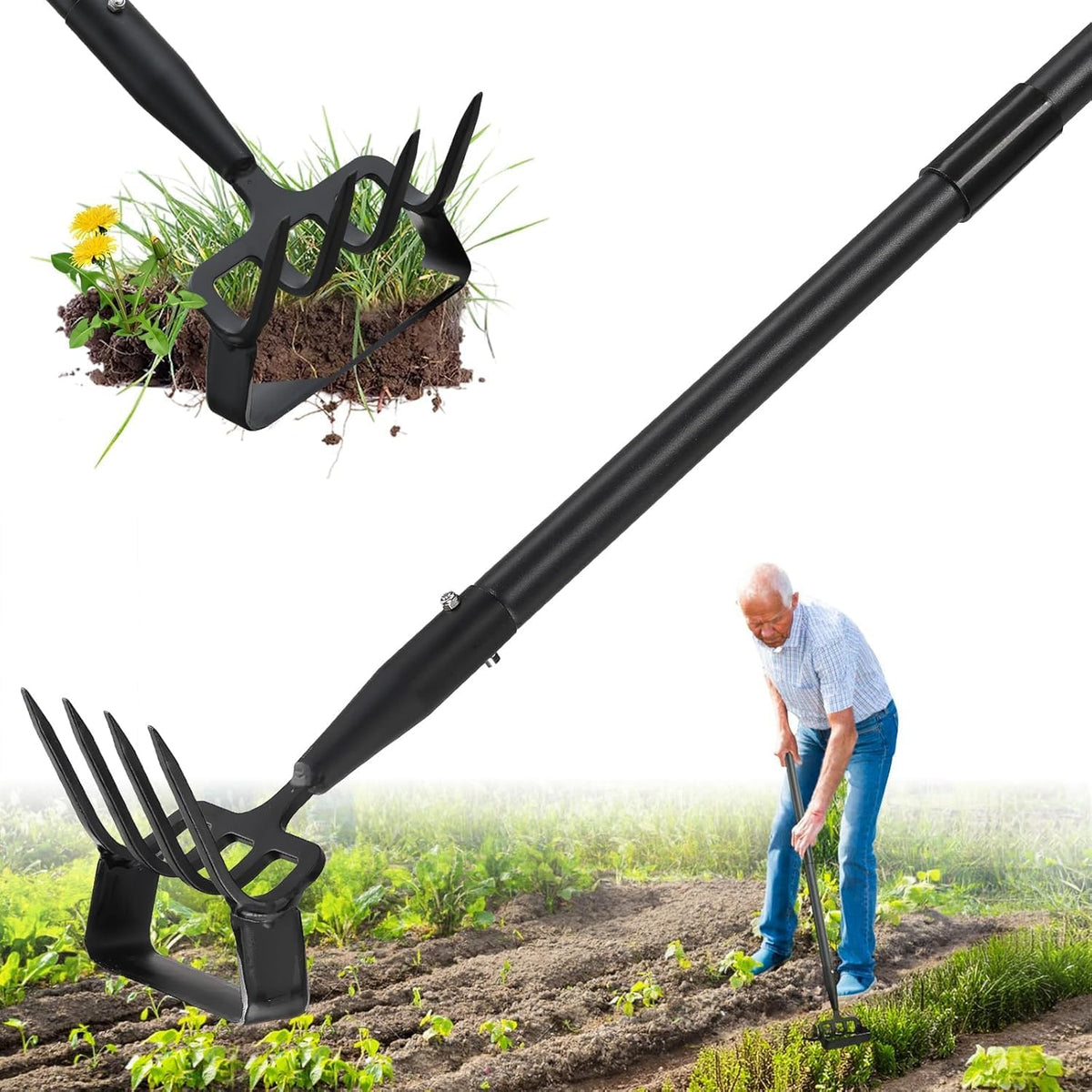 2 in 1 Heavy Duty Garden Hoe and Cultivator, 73 Inch Long Handle Stirrup Hoe Set, Lightweight Weeding Rake for Fast Weed & Grass Removal, Cultivating, Loosen Soil, Sharp Edge