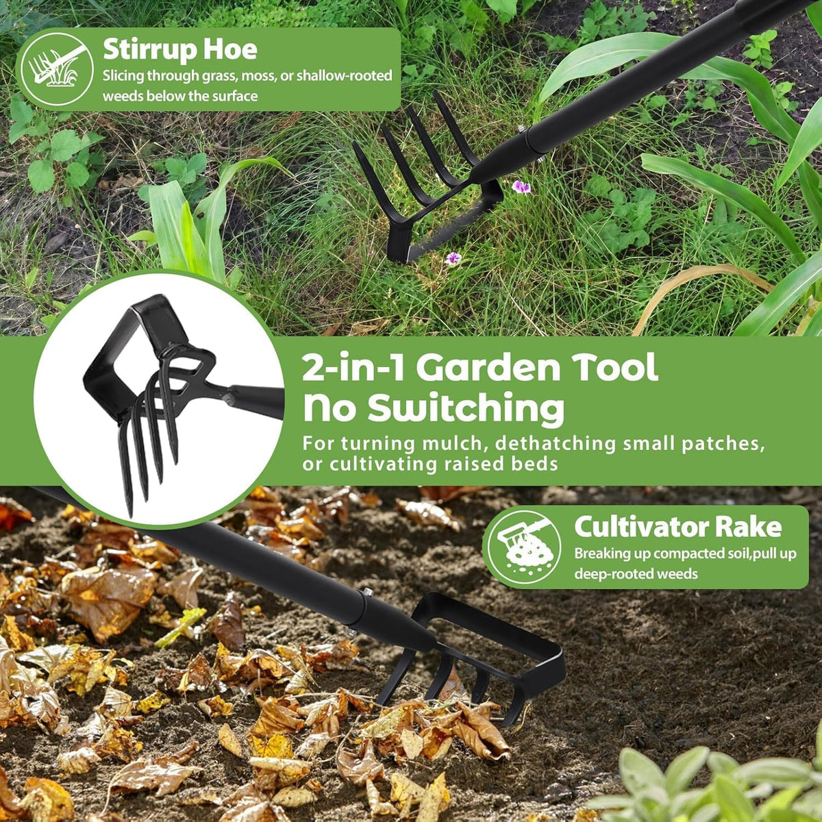 2 in 1 Heavy Duty Garden Hoe and Cultivator, 73 Inch Long Handle Stirrup Hoe Set, Lightweight Weeding Rake for Fast Weed & Grass Removal, Cultivating, Loosen Soil, Sharp Edge