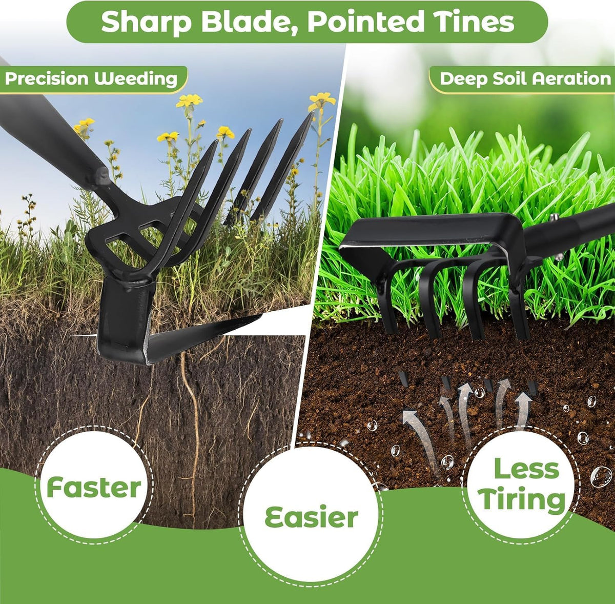 2 in 1 Heavy Duty Garden Hoe and Cultivator, 73 Inch Long Handle Stirrup Hoe Set, Lightweight Weeding Rake for Fast Weed & Grass Removal, Cultivating, Loosen Soil, Sharp Edge