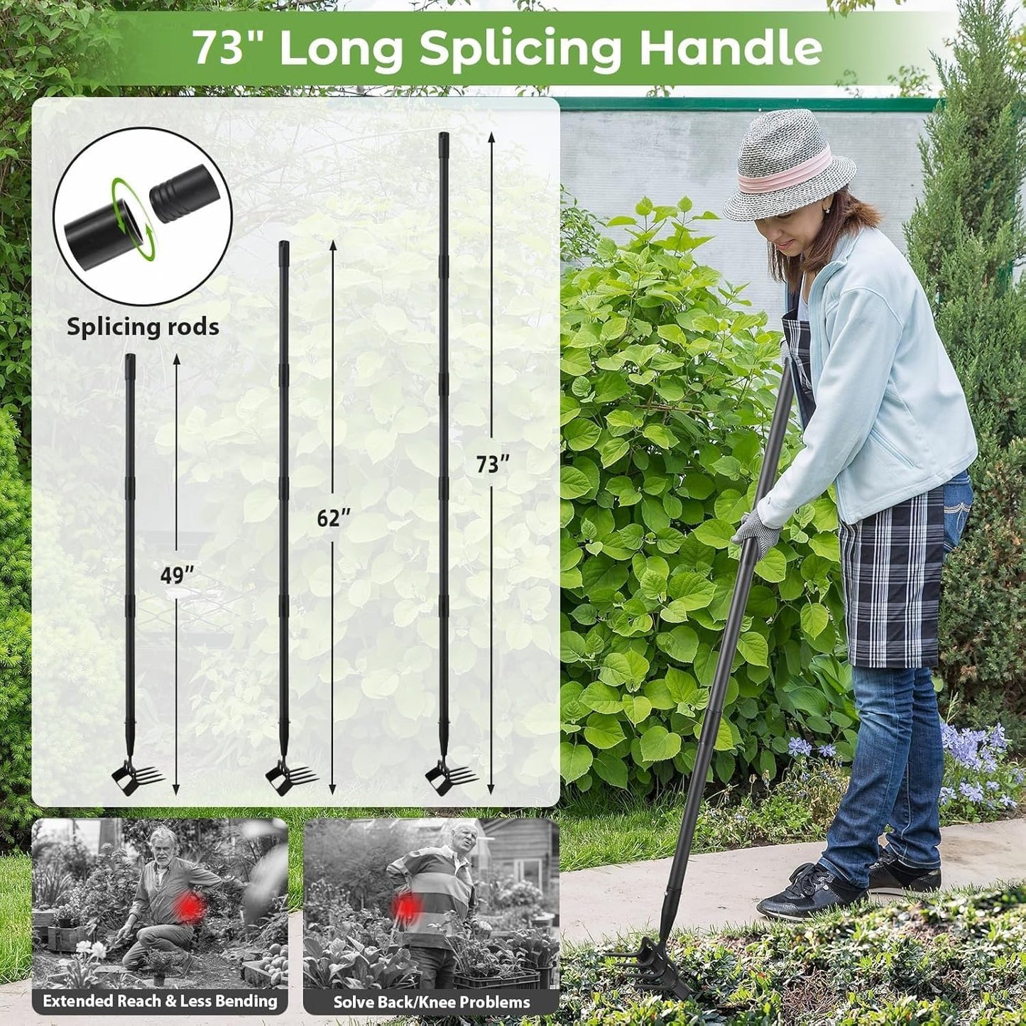 2 in 1 Heavy Duty Garden Hoe and Cultivator, 73 Inch Long Handle Stirrup Hoe Set, Lightweight Weeding Rake for Fast Weed & Grass Removal, Cultivating, Loosen Soil, Sharp Edge