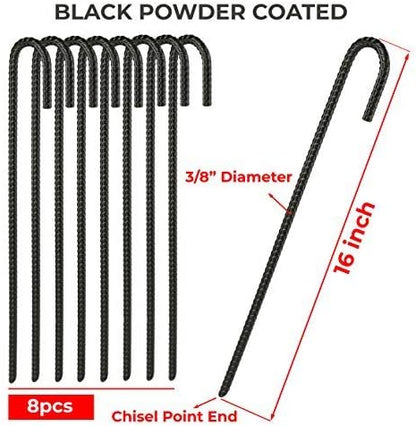 NHZ 16” Ground Rebar Stakes (8pcs) Heavy Duty J Hook Ground Anchors, Curved Steel Plant Support Garden Stake with Chisel Point end, Hammer Through Hard Soil for Camping Tent - Black Powder Coated