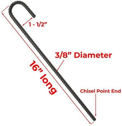 NHZ 16” Ground Rebar Stakes (8pcs) Heavy Duty J Hook Ground Anchors, Curved Steel Plant Support Garden Stake with Chisel Point end, Hammer Through Hard Soil for Camping Tent - Black Powder Coated