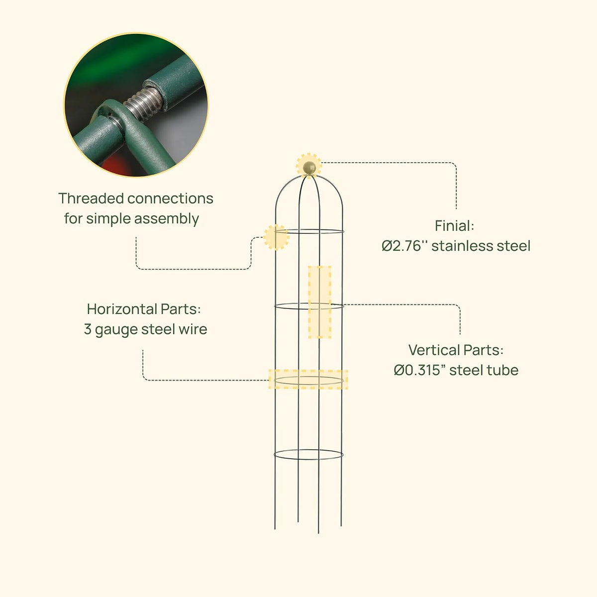 6.4 ft Round Obelisk Garden Trellis, Metal Rustproof Plant Support Rose Trellis, Tower Potted Cages for Flowers Fruits Vegetable Vines Indoor & Outdoor