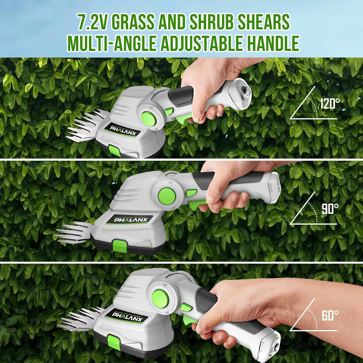 PHALANX Cordless Grass Shears 2-in-1 Handheld Hedge Trimmer,7.2V Electric Grass Trimmer Turnable Handle, Rechargeable Lithium-Ion Battery and Charger Included for Lawn/Garden (Renewed)
