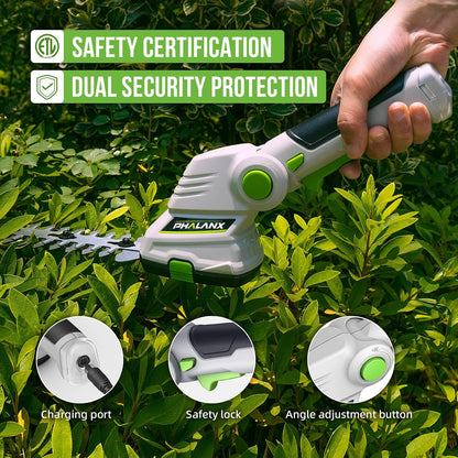 PHALANX Cordless Grass Shears 2-in-1 Handheld Hedge Trimmer,7.2V Electric Grass Trimmer Turnable Handle, Rechargeable Lithium-Ion Battery and Charger Included for Lawn/Garden (Renewed)
