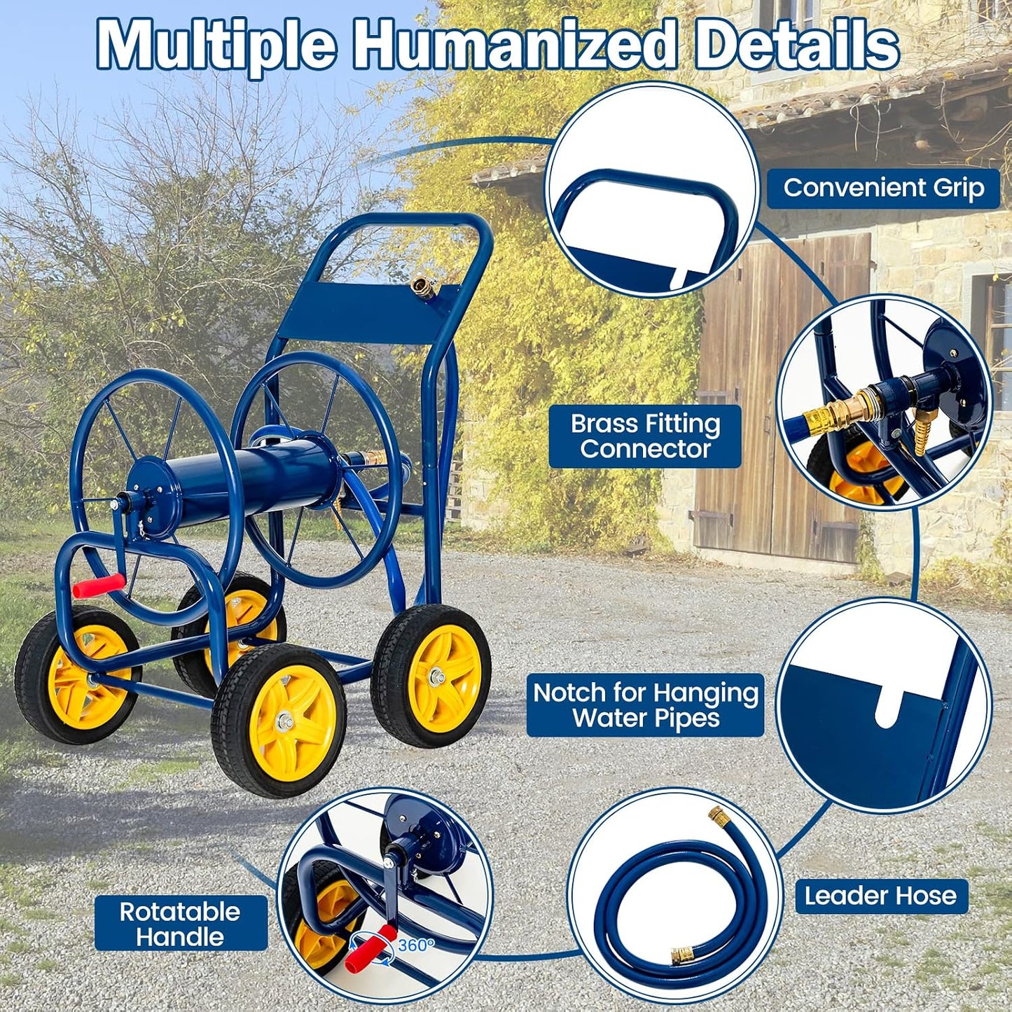 Garden Hose Reel Cart - Water Hose Cart with 4 Wheels & Non-slip Grip, Outside Portable Water Hose Holder, Hold 330 FT of 5/8" or 3/4", 400 FT of 1/2’’ Hose for Lawn Garden Yard Watering, Blue