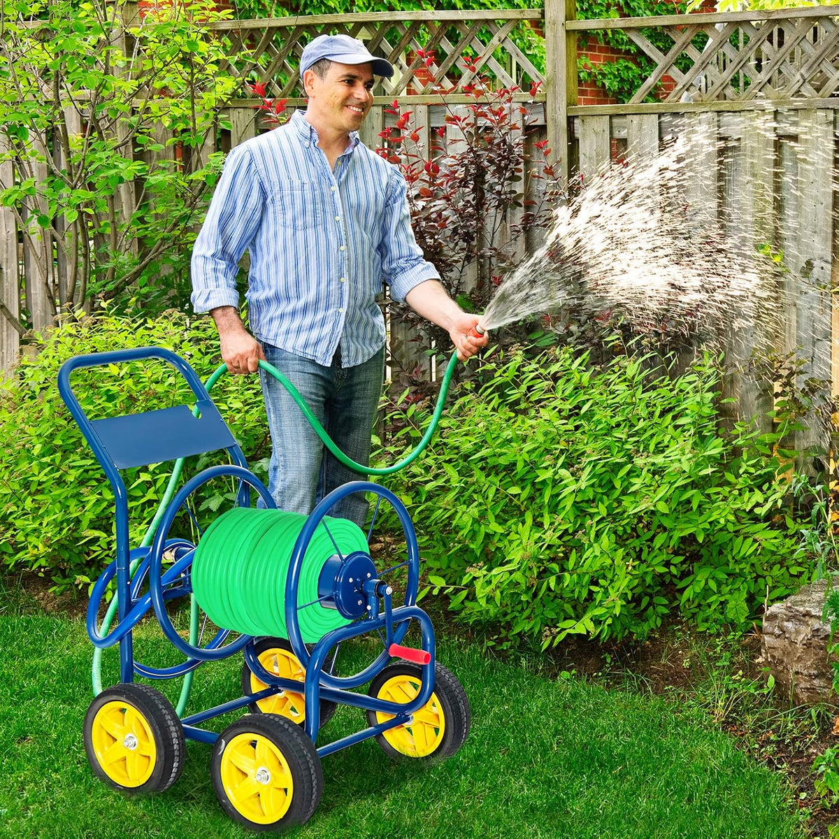 Garden Hose Reel Cart - Water Hose Cart with 4 Wheels & Non-slip Grip, Outside Portable Water Hose Holder, Hold 330 FT of 5/8" or 3/4", 400 FT of 1/2’’ Hose for Lawn Garden Yard Watering, Blue