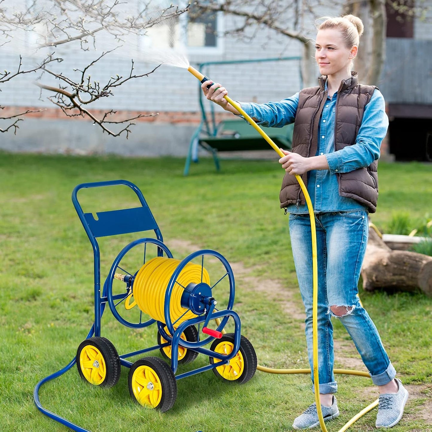 Garden Hose Reel Cart - Water Hose Cart with 4 Wheels & Non-slip Grip, Outside Portable Water Hose Holder, Hold 330 FT of 5/8" or 3/4", 400 FT of 1/2’’ Hose for Lawn Garden Yard Watering, Blue