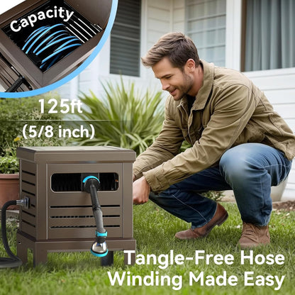 Hose Reel, Heavy Duty Metal Deck Box Hideaway Holds 125 ft x 5/8" Hose, Garden Hose Reel with Never-Leak System, Manual Crank Handle, Hose Guide, Ideal for Yards, Patios, and Garden Sheds