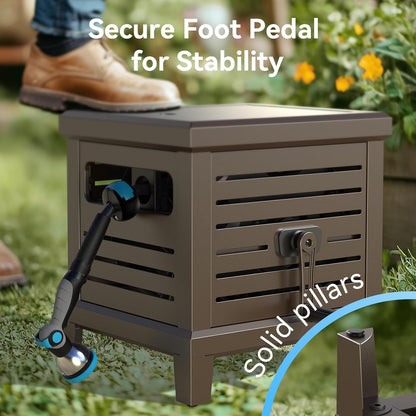 Hose Reel, Heavy Duty Metal Deck Box Hideaway Holds 125 ft x 5/8" Hose, Garden Hose Reel with Never-Leak System, Manual Crank Handle, Hose Guide, Ideal for Yards, Patios, and Garden Sheds