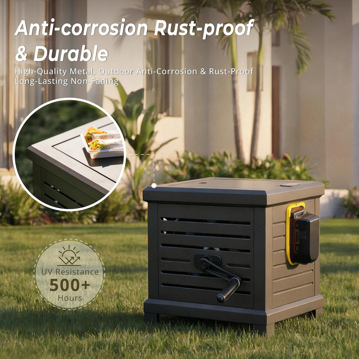 Hose Reel, Heavy Duty Metal Deck Box Hideaway Holds 125 ft x 5/8" Hose, Garden Hose Reel with Never-Leak System, Manual Crank Handle, Hose Guide, Ideal for Yards, Patios, and Garden Sheds