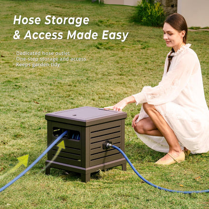 Hose Reel, Heavy Duty Metal Deck Box Hideaway Holds 125 ft x 5/8" Hose, Garden Hose Reel with Never-Leak System, Manual Crank Handle, Hose Guide, Ideal for Yards, Patios, and Garden Sheds
