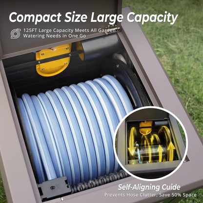 Hose Reel, Heavy Duty Metal Deck Box Hideaway Holds 125 ft x 5/8" Hose, Garden Hose Reel with Never-Leak System, Manual Crank Handle, Hose Guide, Ideal for Yards, Patios, and Garden Sheds