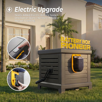 Hose Reel, Heavy Duty Metal Deck Box Hideaway Holds 125 ft x 5/8" Hose, Garden Hose Reel with Never-Leak System, Manual Crank Handle, Hose Guide, Ideal for Yards, Patios, and Garden Sheds