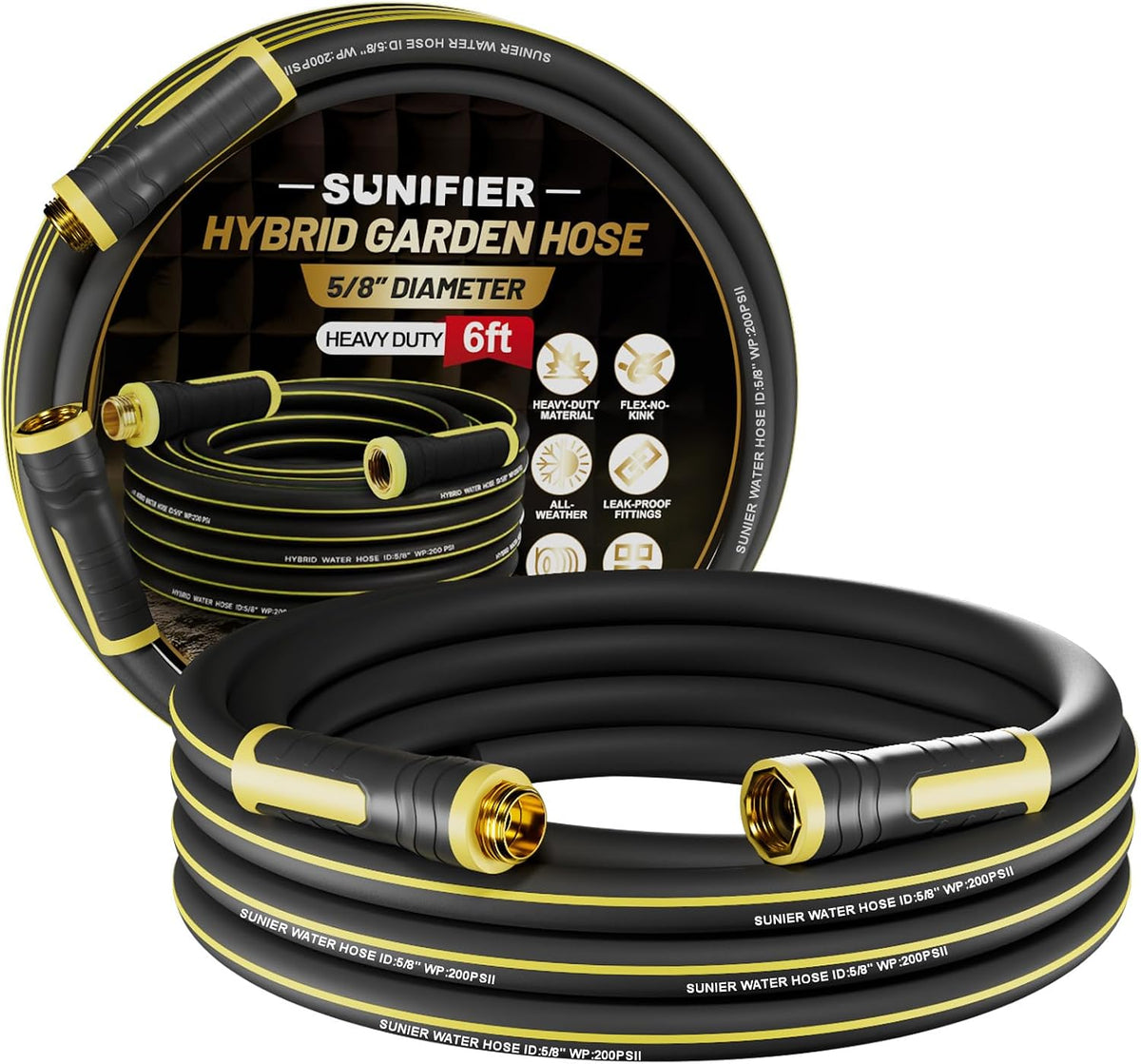 6 ft Leader Hose Extension, Hybrid Rubber Short Garden Hose, Heavy Duty Kink-Free Water Hose, 6-Layer Reinforced, 600 PSI Burst Pressure, All-Weather Flexible (Black,6 ft)