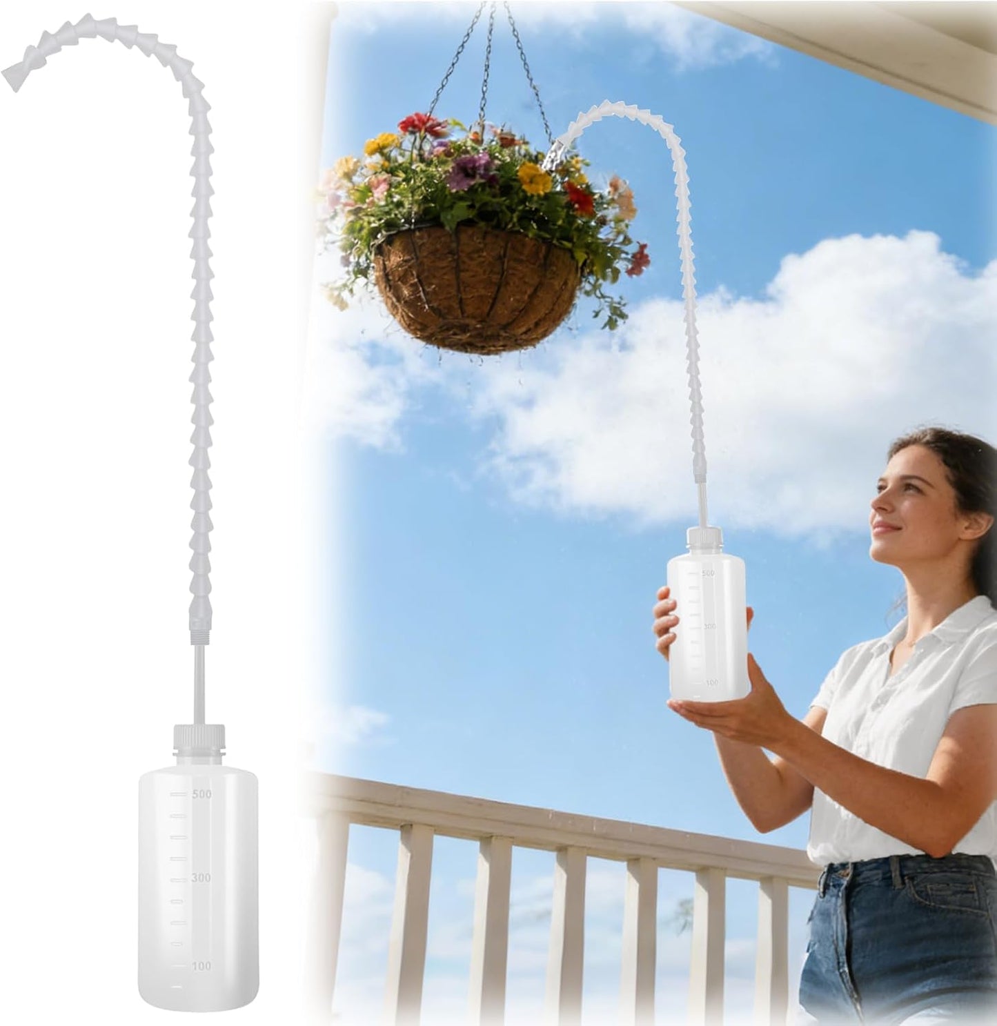 Squeeze Bottle for Hanging Plants - 16.9oz (500ml) 19.6 Inch Long Nozzle Watering Container with Adjustable Angle for Indoor & Outdoor Ceiling-Hung Plants