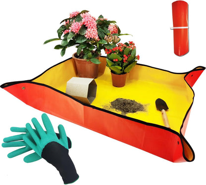 39"x31" Orange Thickened Repotting Mat for Plant Transplanting, Waterproof Tray for Potting Soil Mess Control, Portable Gardening Mat with Protective Gloves, Best Gift for Gardeners