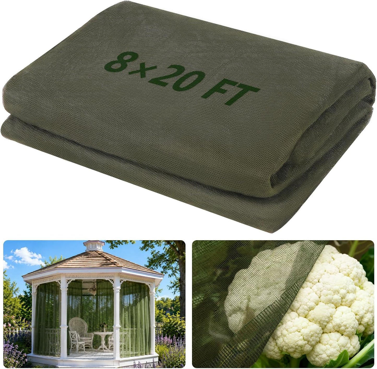 Green DIY Garden Mosquito Netting, 8×20 Ft Ultra Fine Garden Insect Mesh Netting Pest Barrier, Raised Beds Plant Netting Cover, Outdoor Patio Porch Balcony Screen Net