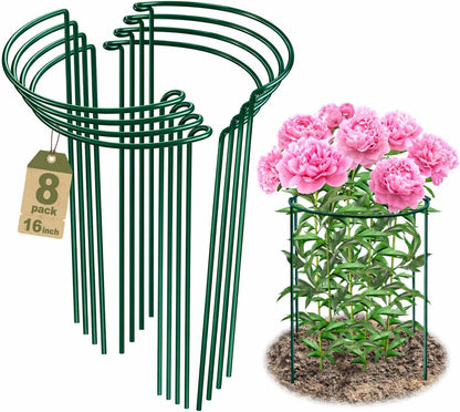 8 Pack Peony Support Cages, 10" W x 16" H Half Round Peony Plant Supports, Heavy Duty Metal Plant Support Stakes, Green Garden Plant Support Rings for Peony, Hydrangea,Tomato & Flowers