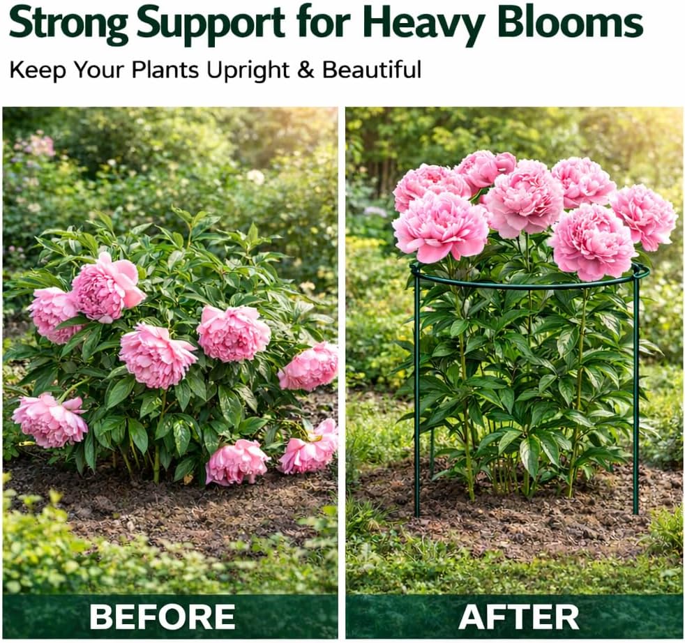 8 Pack Peony Support Cages, 10" W x 16" H Half Round Peony Plant Supports, Heavy Duty Metal Plant Support Stakes, Green Garden Plant Support Rings for Peony, Hydrangea,Tomato & Flowers