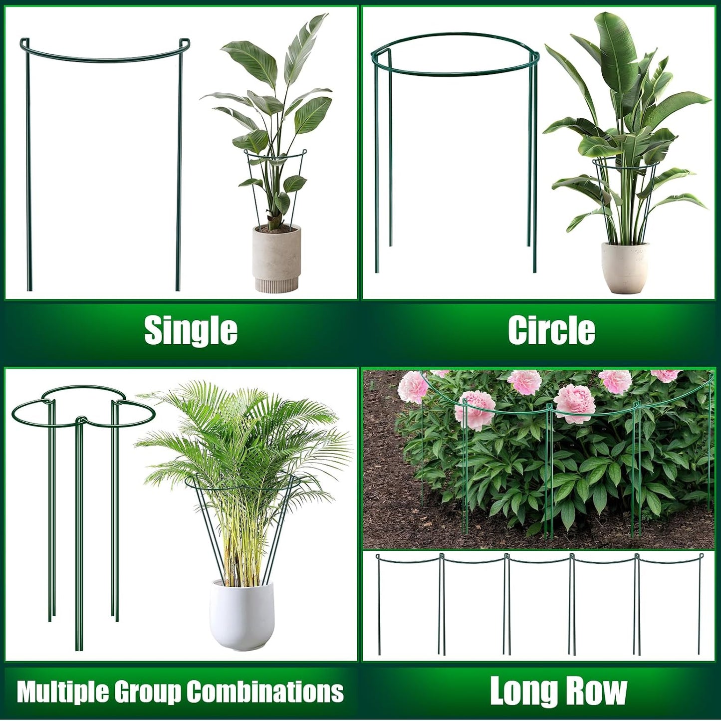 8 Pack Peony Support Cages, 10" W x 16" H Half Round Peony Plant Supports, Heavy Duty Metal Plant Support Stakes, Green Garden Plant Support Rings for Peony, Hydrangea,Tomato & Flowers