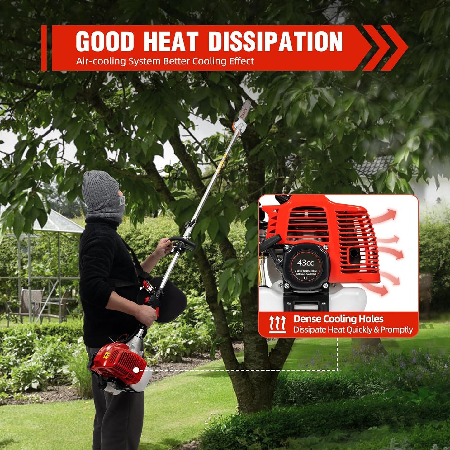 16ft Powerful Gas Pole Chainsaw 42.7CC 2-Cycle Cordless Extension Pole Saw Tree Trimmer Long Reach Saw,Tree Branch Pruner, Long Pruning Chain Saw for Tree Pruning and Maintenance