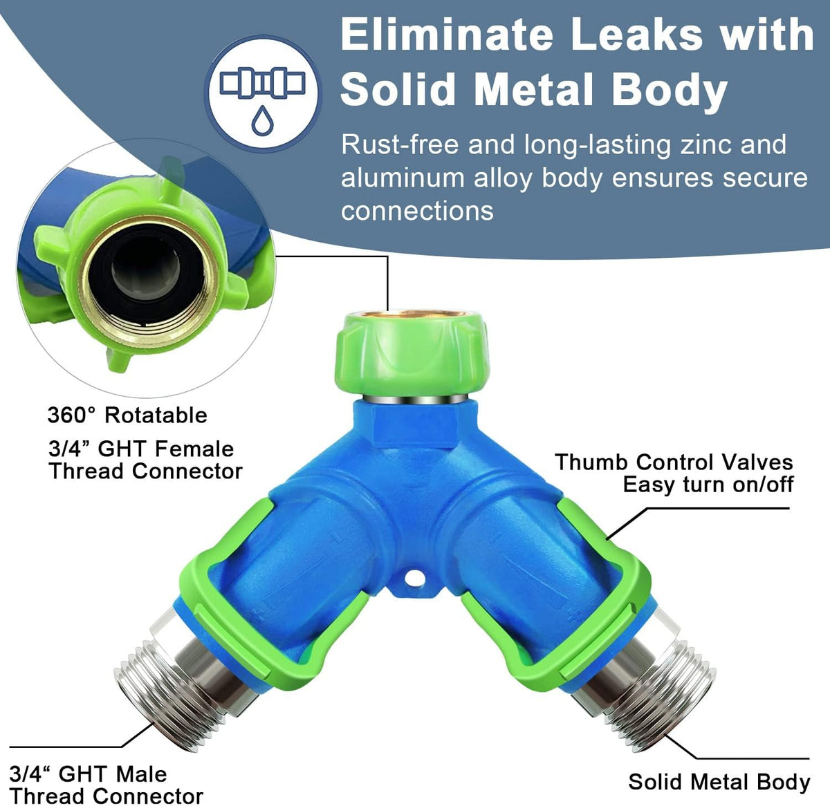 Garden Hose Splitter 2 Way Heavy Duty, Hose Connector Faucet Splitter 3 way, Water Splitter Outdoor Spigot Hose Bib Splitter with Shut off Valve
