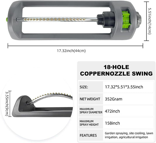 Lawn Sprinkler, Oscillating Sprinkler for Yard with 18 Hole Brass Nozzles, Watering for Lawn & Garden Covers up to 3,600 sq.ft, Easy Adjust Range Control, Built-in Spray Jet Cleaning Needle (Gray)