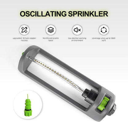 Lawn Sprinkler, Oscillating Sprinkler for Yard with 18 Hole Brass Nozzles, Watering for Lawn & Garden Covers up to 3,600 sq.ft, Easy Adjust Range Control, Built-in Spray Jet Cleaning Needle (Gray)