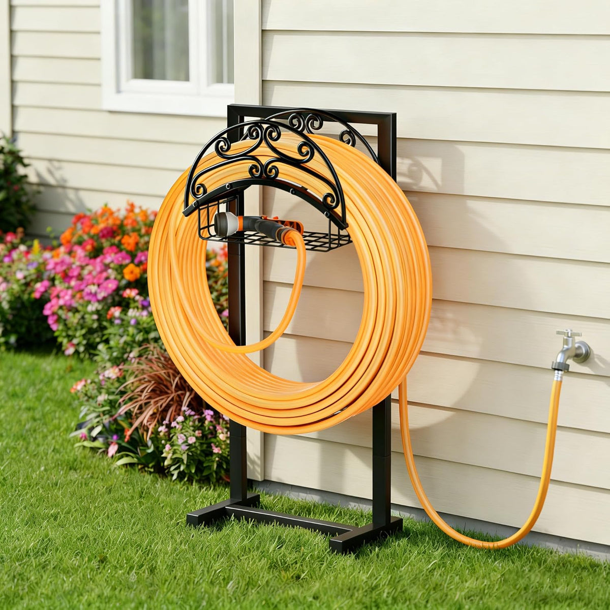Garden Water Hose Holder with Storage Basket for Outside
