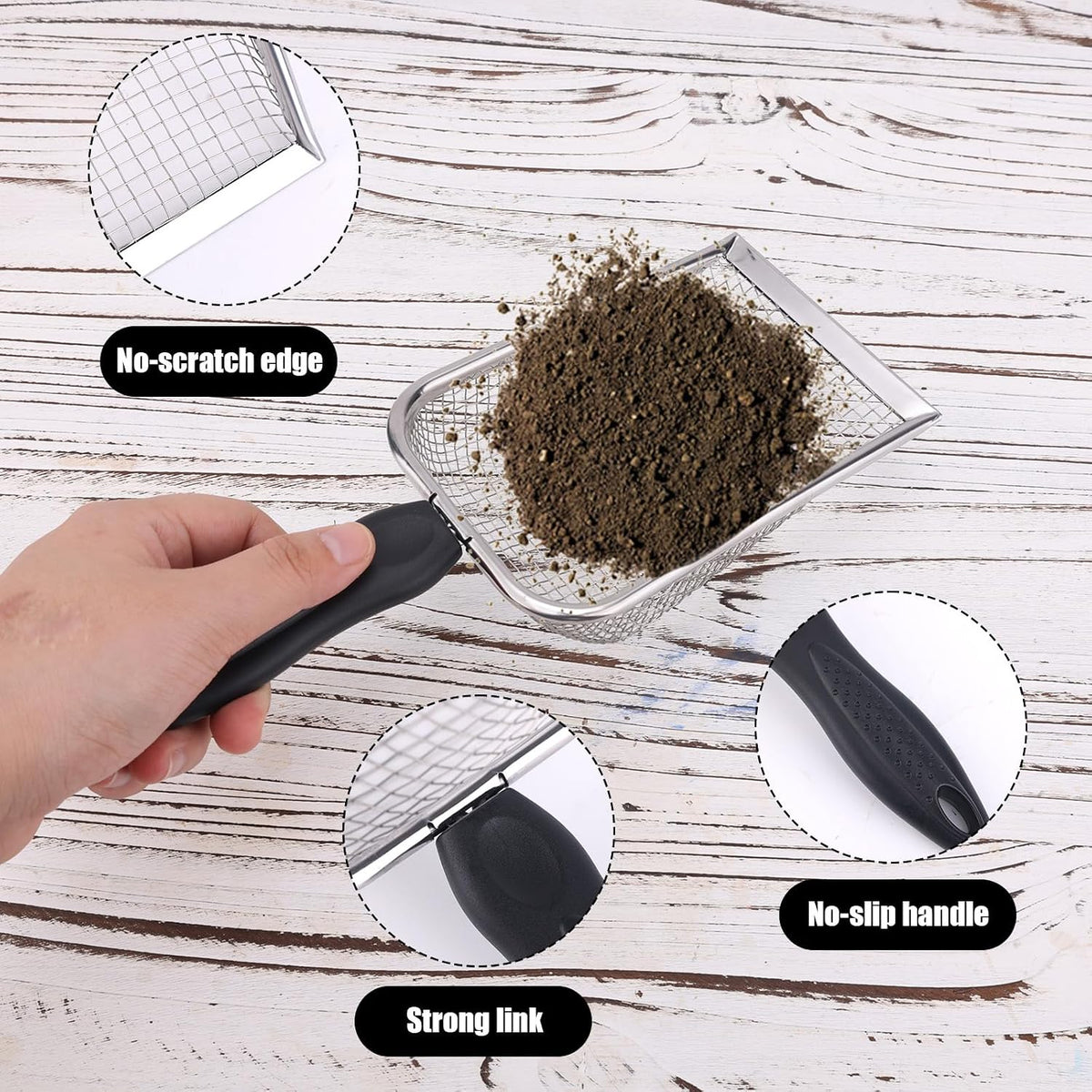 2pcs Gardening Soil Sifter, 5 & 2.8mm Garden Sand Compost Sieves Dirt Rocks Scoop Shovels with Ergonomic Handle Planting Tool Accessories Supplies