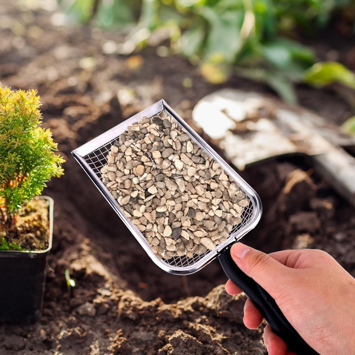 2pcs Gardening Soil Sifter, 5 & 2.8mm Garden Sand Compost Sieves Dirt Rocks Scoop Shovels with Ergonomic Handle Planting Tool Accessories Supplies