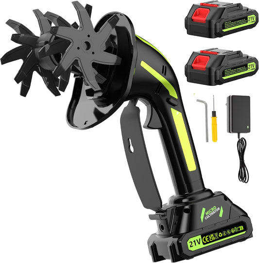21V Cordless Tiller Cultivator for Gardening, Electric Garden Tiller Hand Tiller with 5.0Ah*2 Battery, Ergonomic Lightweight Handheld for Lawn Soil