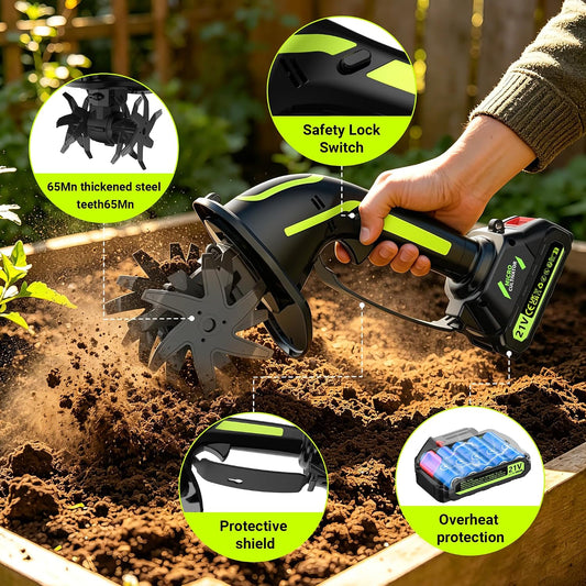 21V Cordless Tiller Cultivator for Gardening, Electric Garden Tiller Hand Tiller with 5.0Ah*2 Battery, Ergonomic Lightweight Handheld for Lawn Soil