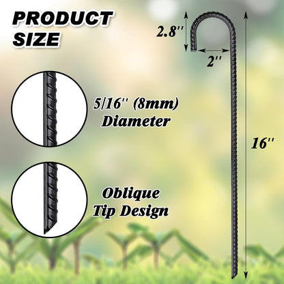 12 Inch Rebar Stakes 16 Pack, Heavy Duty J Hook Ground Stakes
