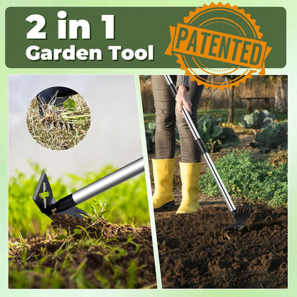 Weed Puller Tool with Long Handle, Heavy Duty Garden Hoe and Rake