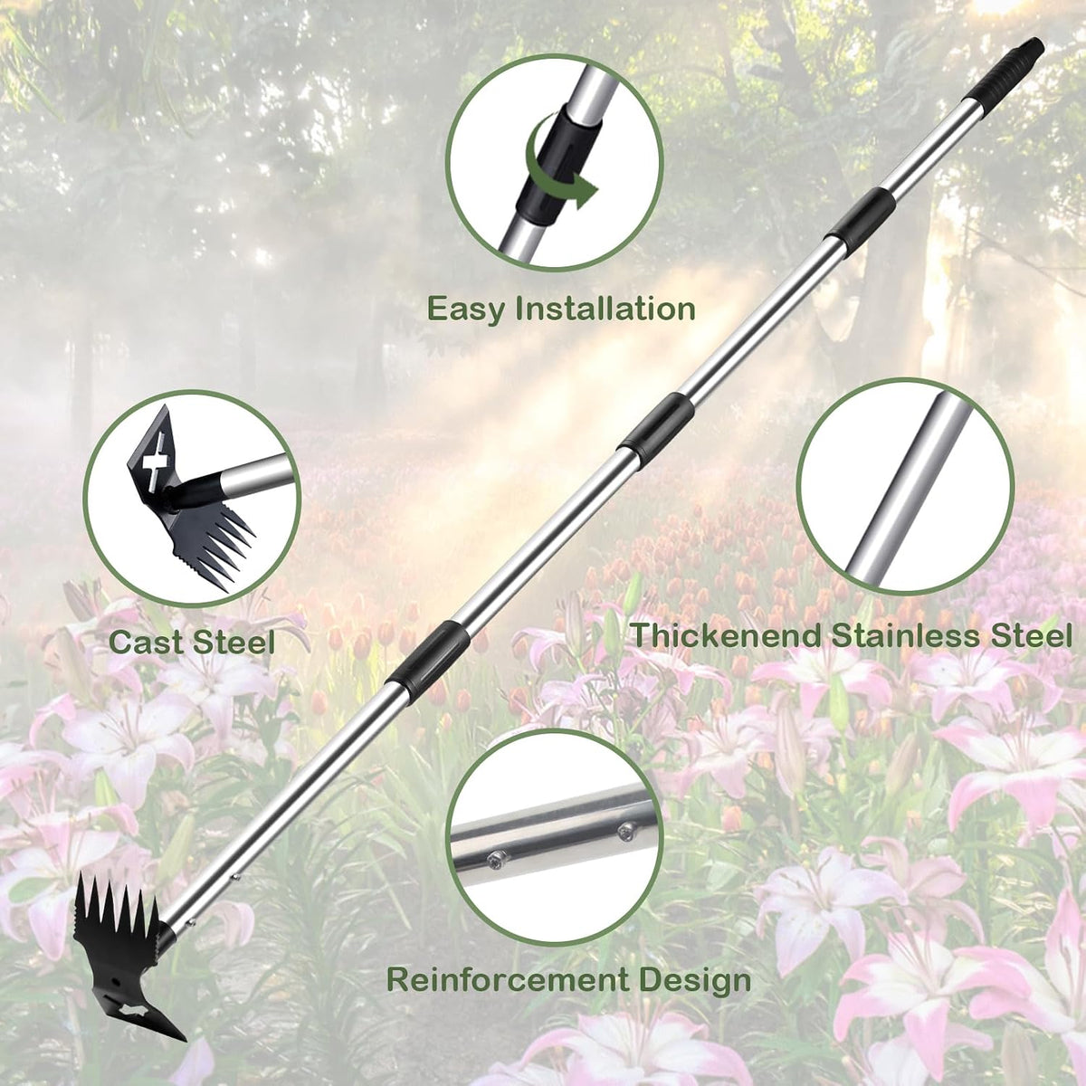 Weed Puller Tool with Long Handle, Heavy Duty Garden Hoe and Rake