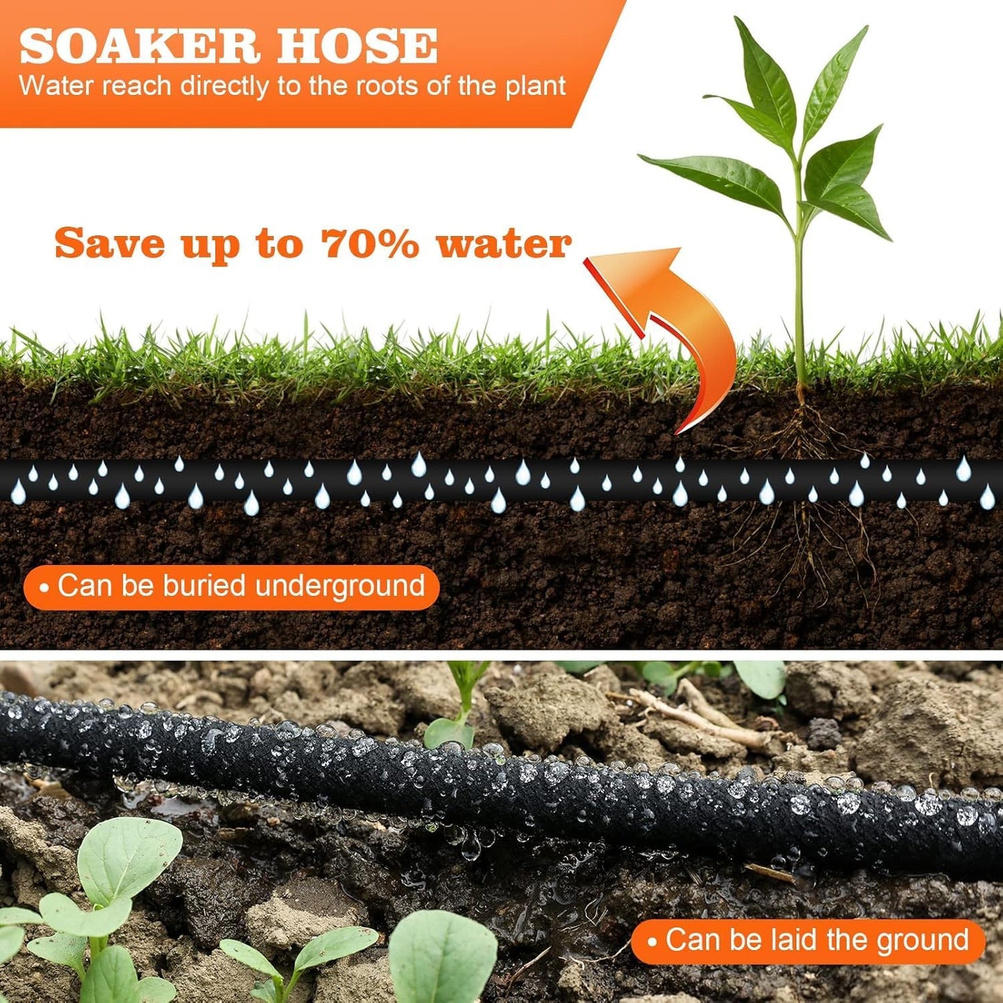 Soaker Hose, 1/2" x 150FT Round-Rubber Garden Soaker Hose, Heavy Duty Water Seeper Soaker Hoses for Foundation Watering, Garden Beds, Garden, Lawn and Plants