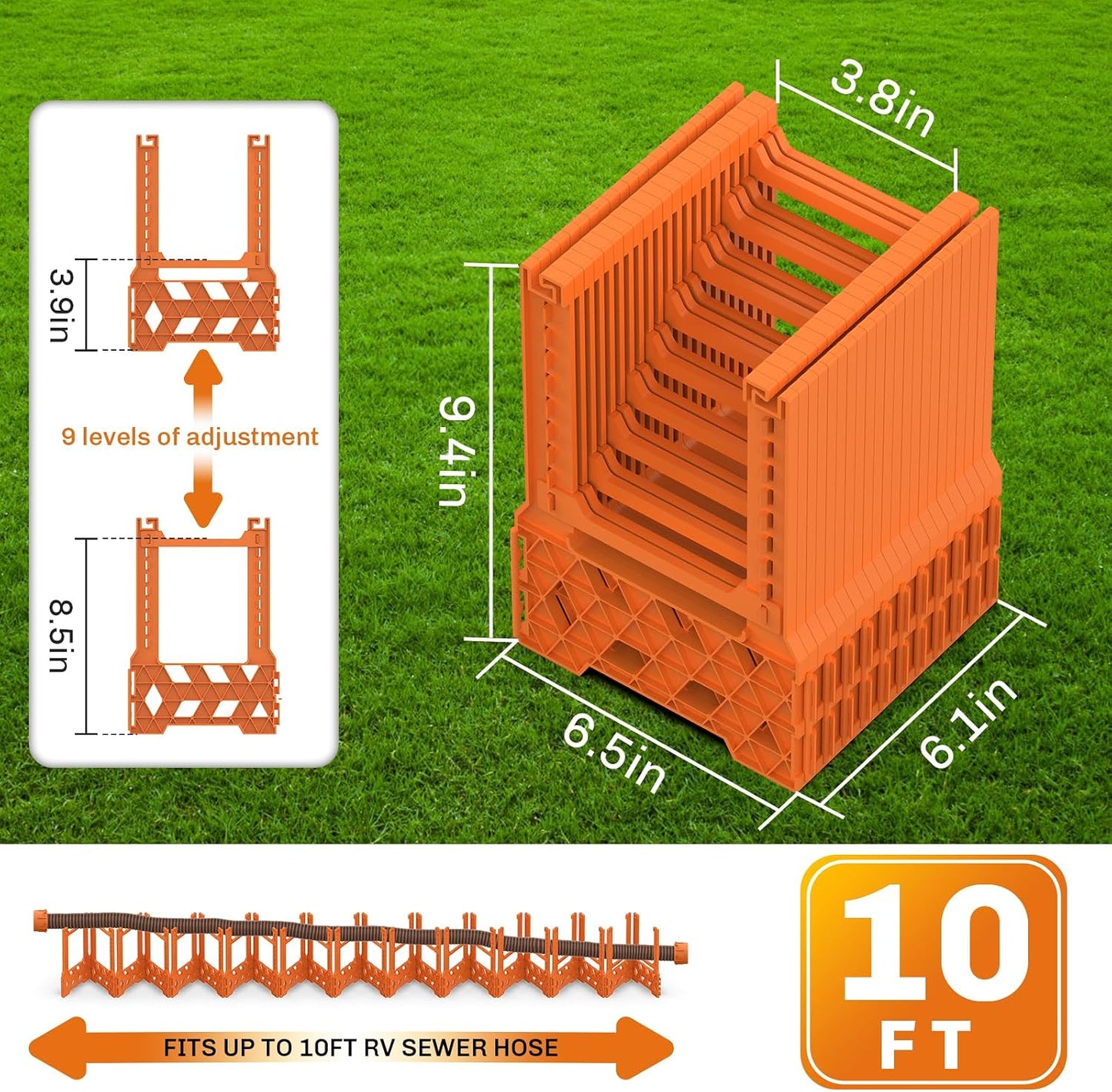 RV Sewer Hose Support 10FT, Blaze Orange RV Sewer Support with Adjustable Height Design, Secure Rubber Band and Carry Strap, Quick Setup and Collapse for Campers Travel Trailers and Motorhome