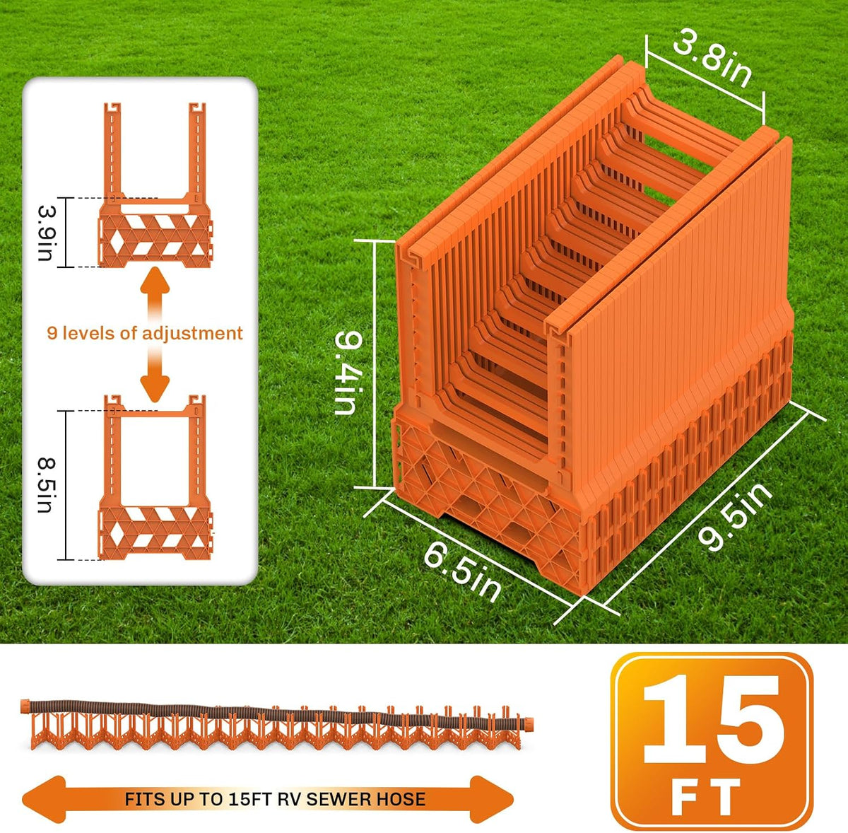 RV Sewer Hose Support 10FT, Blaze Orange RV Sewer Support with Adjustable Height Design, Secure Rubber Band and Carry Strap, Quick Setup and Collapse for Campers Travel Trailers and Motorhome