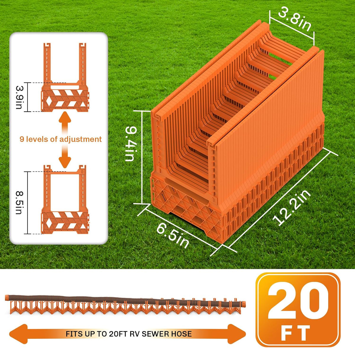 RV Sewer Hose Support 10FT, Blaze Orange RV Sewer Support with Adjustable Height Design, Secure Rubber Band and Carry Strap, Quick Setup and Collapse for Campers Travel Trailers and Motorhome