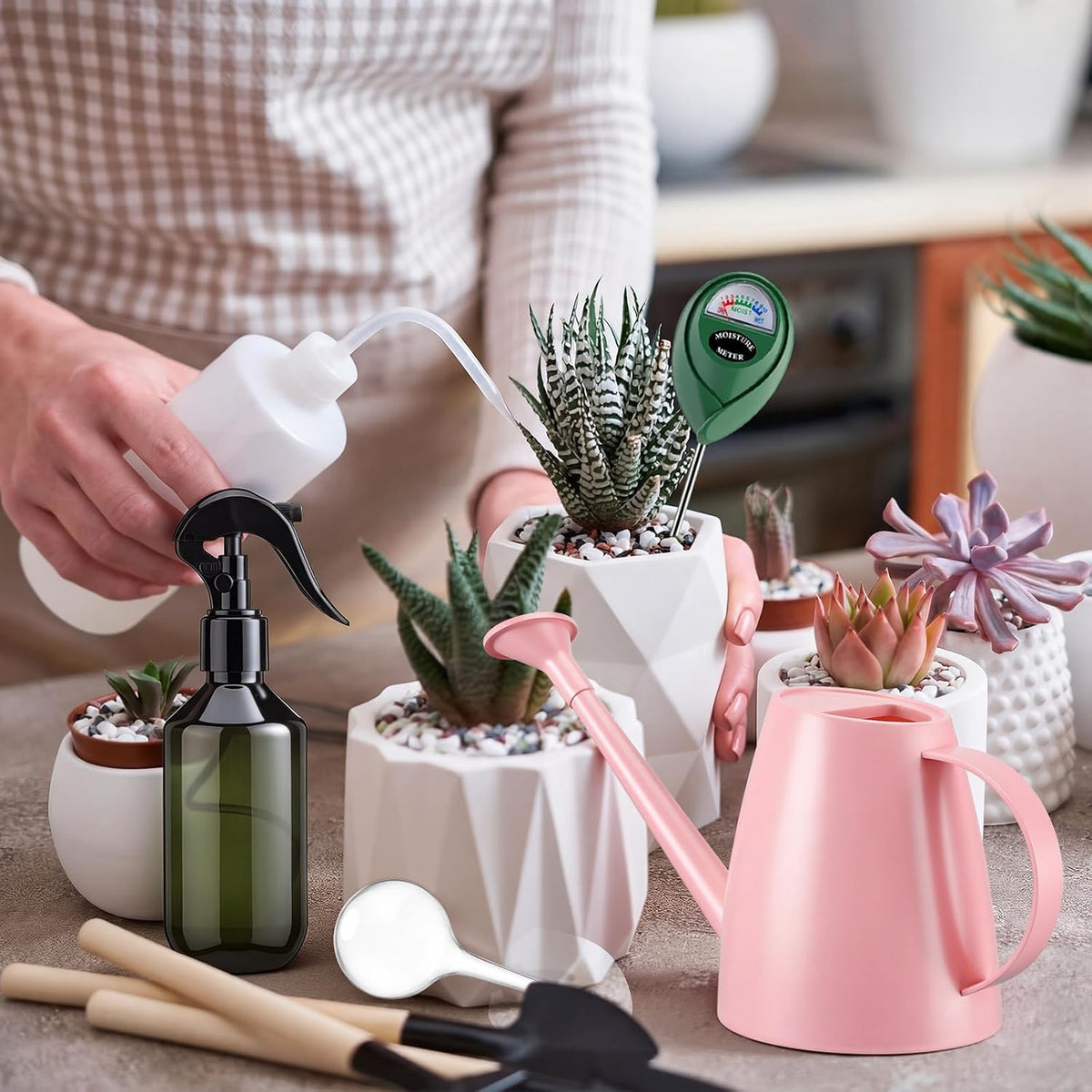 6 Pcs Indoor Watering Can Set 1/2 Gallon Can 6.8 oz Spray Bottle 17 oz Squeeze Bottle Plant Watering Globes Soil Moisture Meter Small Spraying Set for Indoor Outdoor Plants(Mint Green)