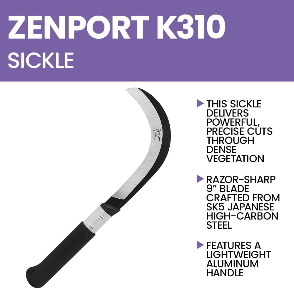 K310 Brush Clearing Sickle with 9-Inch Carbon Steel Blade and 9-Inch Aluminum Handle - Gardening/Landscaping Hand Sickle with Grip