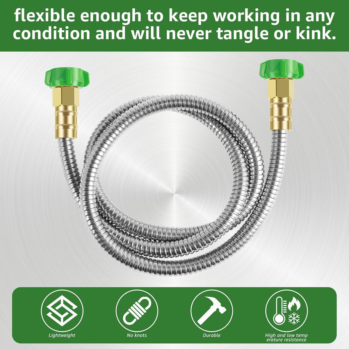 Short Garden Hose, 3FT/5FT US 304 Stainless Steel Garden Leader Hose with Female to Female Connector Leakproof Outdoor Flexible Water Hose 435PSI Max for Cleaning Pet Car Wall (3FT), Silver