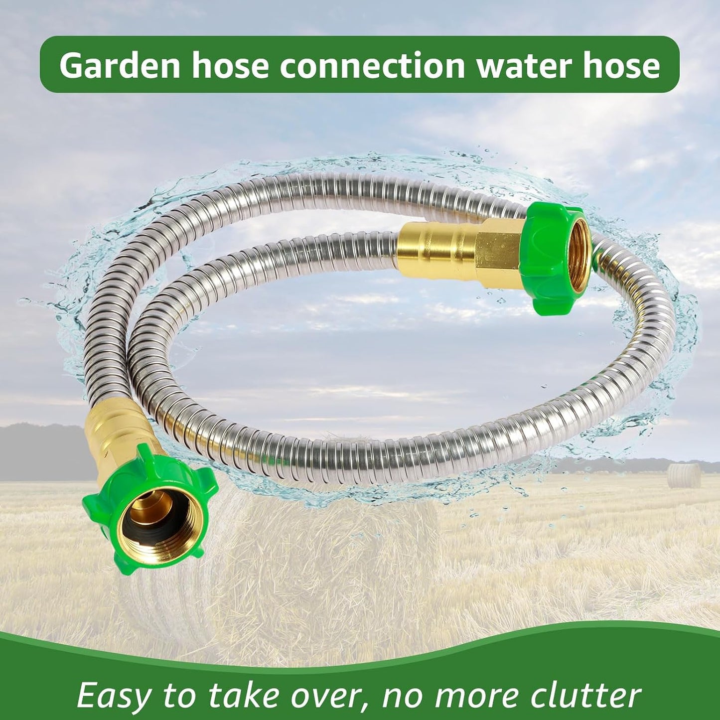 Short Garden Hose, 3FT/5FT US 304 Stainless Steel Garden Leader Hose with Female to Female Connector Leakproof Outdoor Flexible Water Hose 435PSI Max for Cleaning Pet Car Wall (3FT), Silver