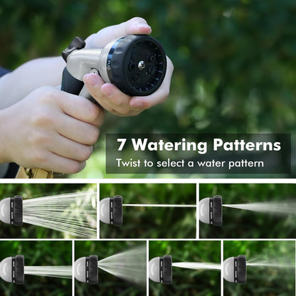 Garden Hose Nozzle, Heavy Duty Metal Water Hose Nozzle with 7 Adjustable Spray Patterns, High Pressure Hand Sprayer with Flow Control for Watering Plants & Lawns, Washing Cars & Pets
