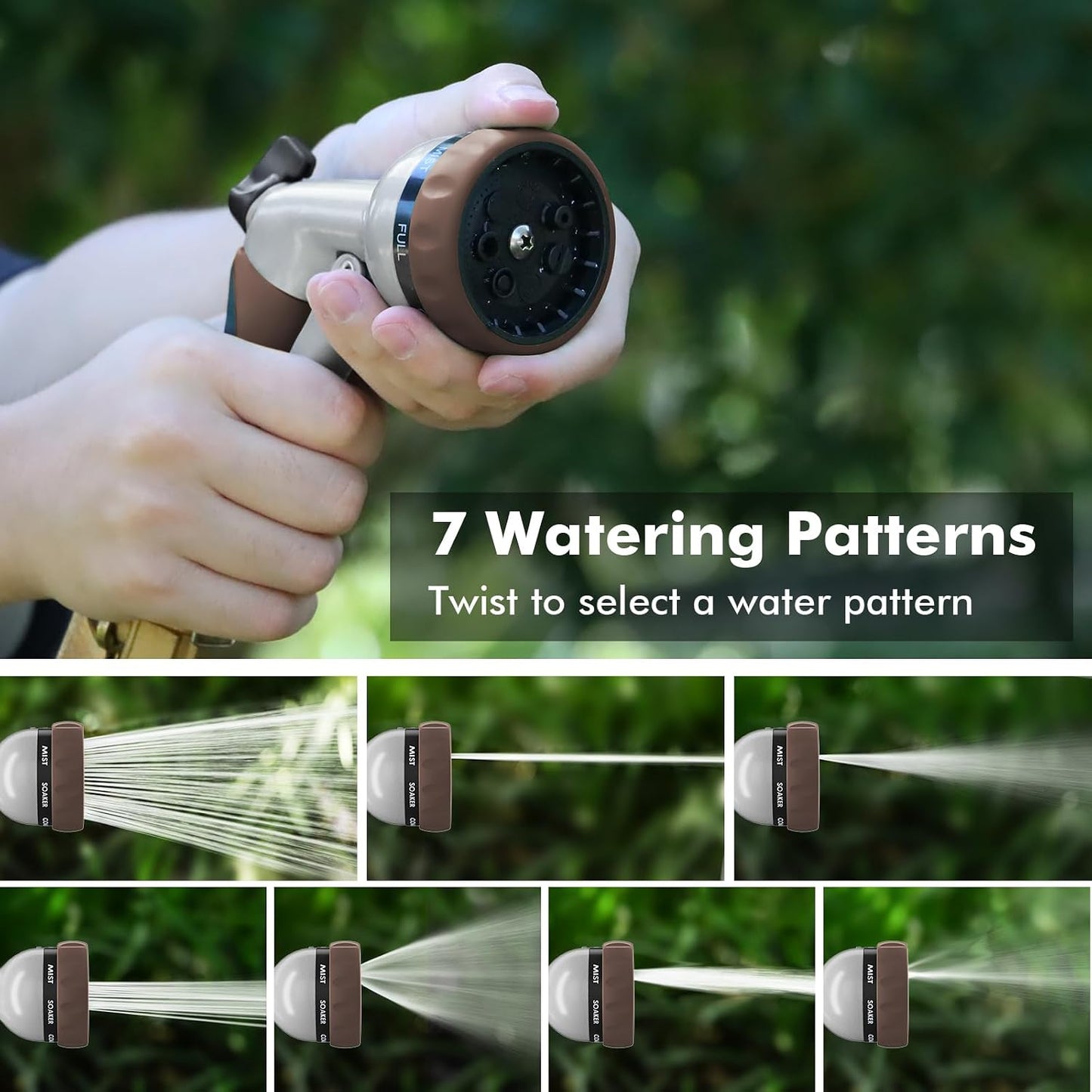 Garden Hose Nozzle, Heavy Duty Metal Water Hose Nozzle with 7 Adjustable Spray Patterns, High Pressure Hand Sprayer with Flow Control for Watering Plants & Lawns, Washing Cars & Pets