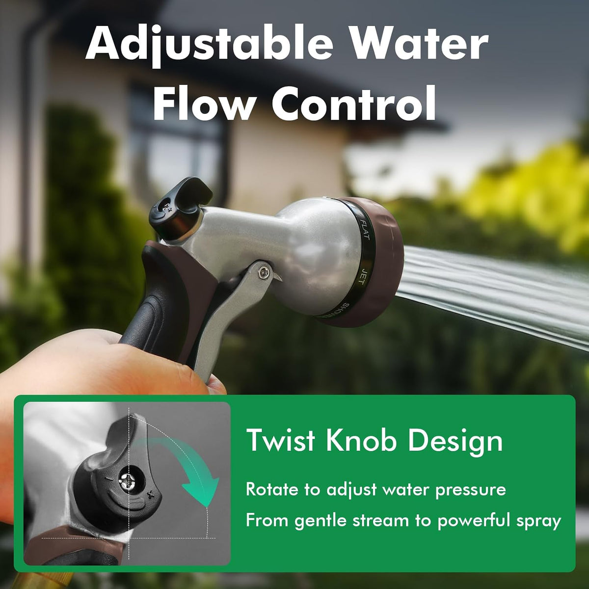 Garden Hose Nozzle, Heavy Duty Metal Water Hose Nozzle with 7 Adjustable Spray Patterns, High Pressure Hand Sprayer with Flow Control for Watering Plants & Lawns, Washing Cars & Pets