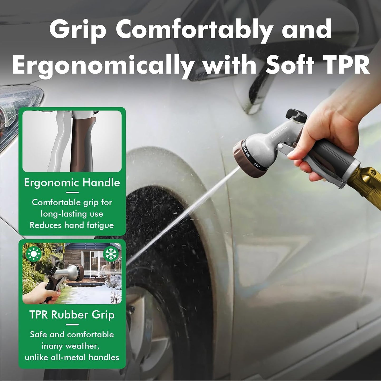 Garden Hose Nozzle, Heavy Duty Metal Water Hose Nozzle with 7 Adjustable Spray Patterns, High Pressure Hand Sprayer with Flow Control for Watering Plants & Lawns, Washing Cars & Pets